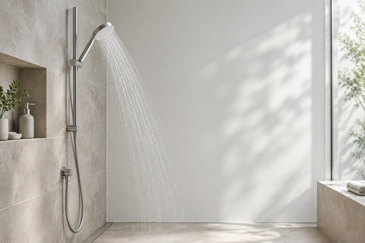Modern bathroom shower with a gentle water stream and neutral stone tiles